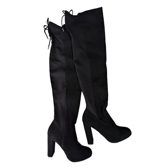 NWOT! BAMBOO! OVER-THE-KNEE BLACK VEGAN SUEDE ELASTIC BACK CHUNKY BOOTS! SZ 8.5M - Picture 4 of 11